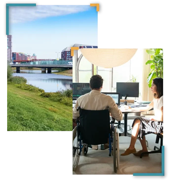 Collage van de dommel met paleiskwartier op de achtergrond en een ervaringsdeskundige in een rolstoel in gesprek met een dame